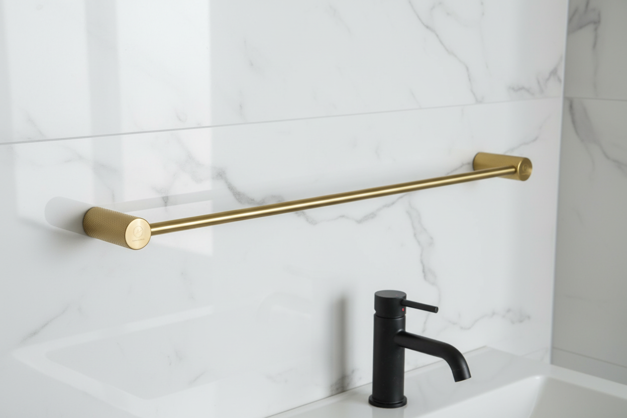 Gold towel bar mounted on a marble tiled wall with a black faucet.