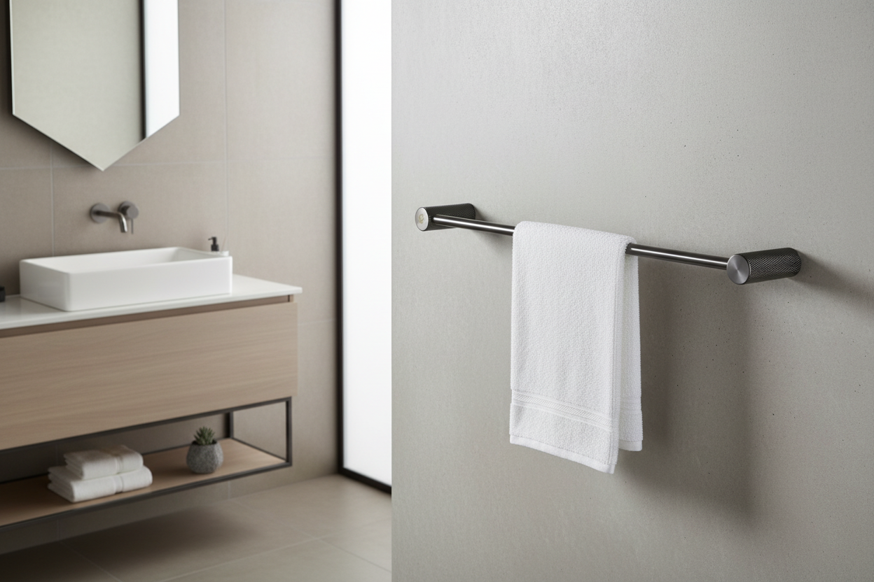 Black metal towel bar on a white background