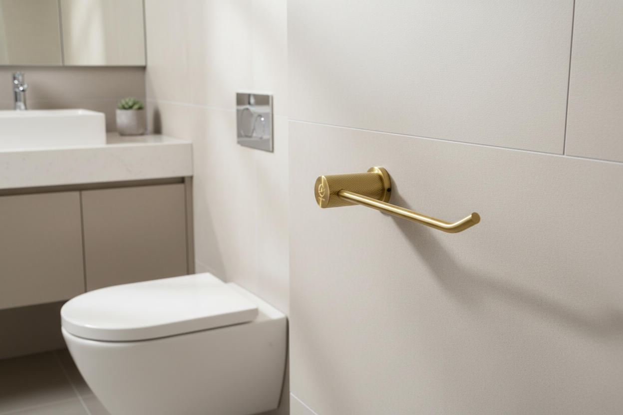 Gold-colored towel hook on a white background