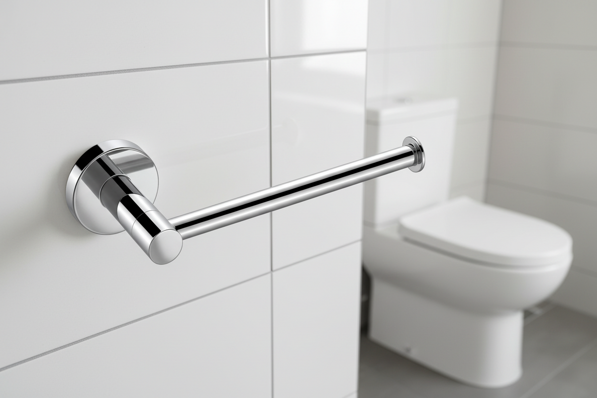 Chrome toilet paper holder on a white background