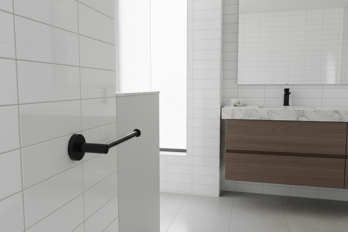 Bathroom with white tiled walls, wooden vanity, and black grab bar.
