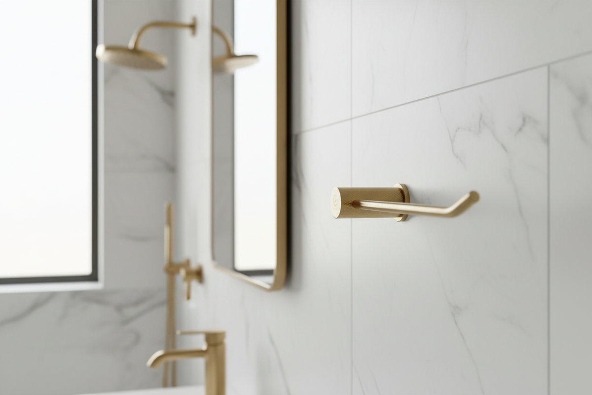 Gold-colored metal towel holder on a white background