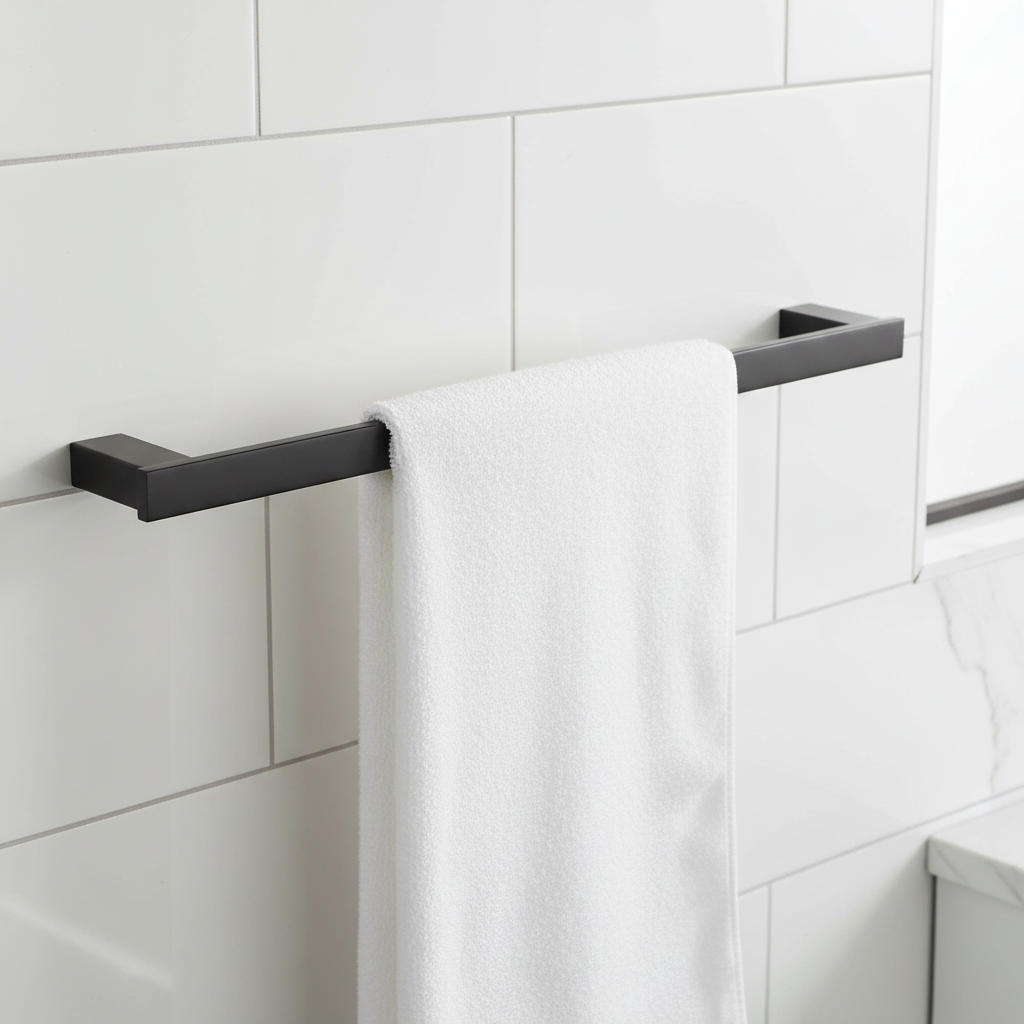 Black metal towel bar on a white background