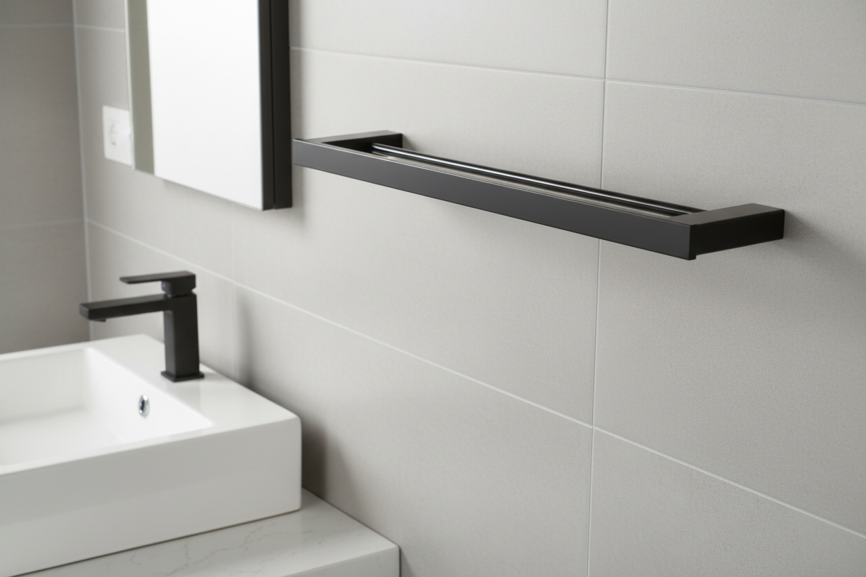 Black double towel bar on a white background