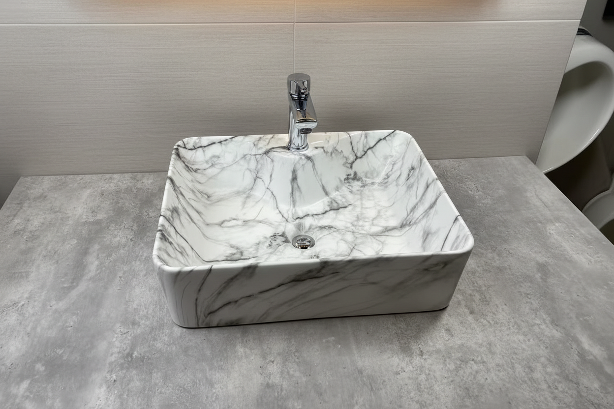 Marble-patterned square sink on a gray surface