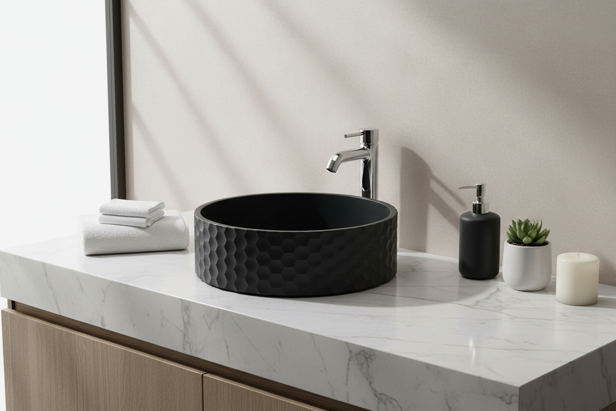 Black textured round basin on a white background