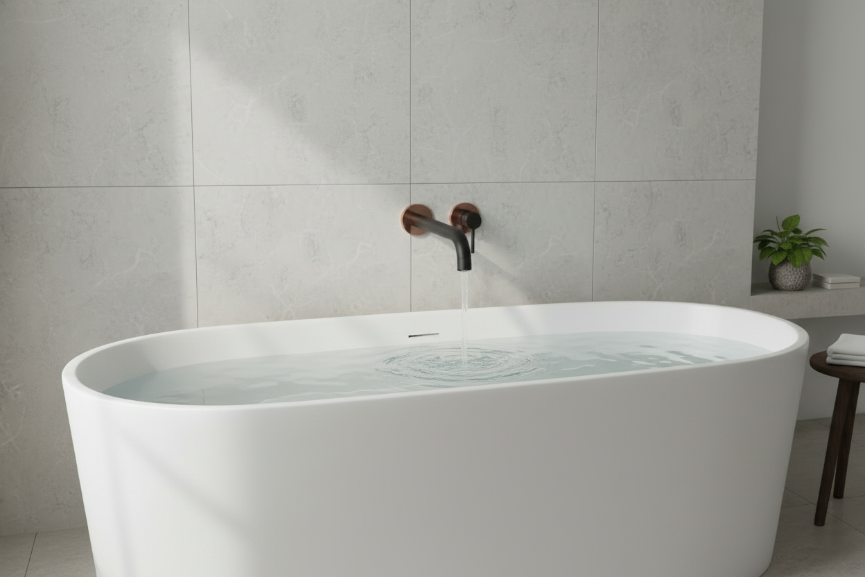 A matte black curved wall-mounted faucet spout with a circular rose gold backplate, shown on a solid white background.