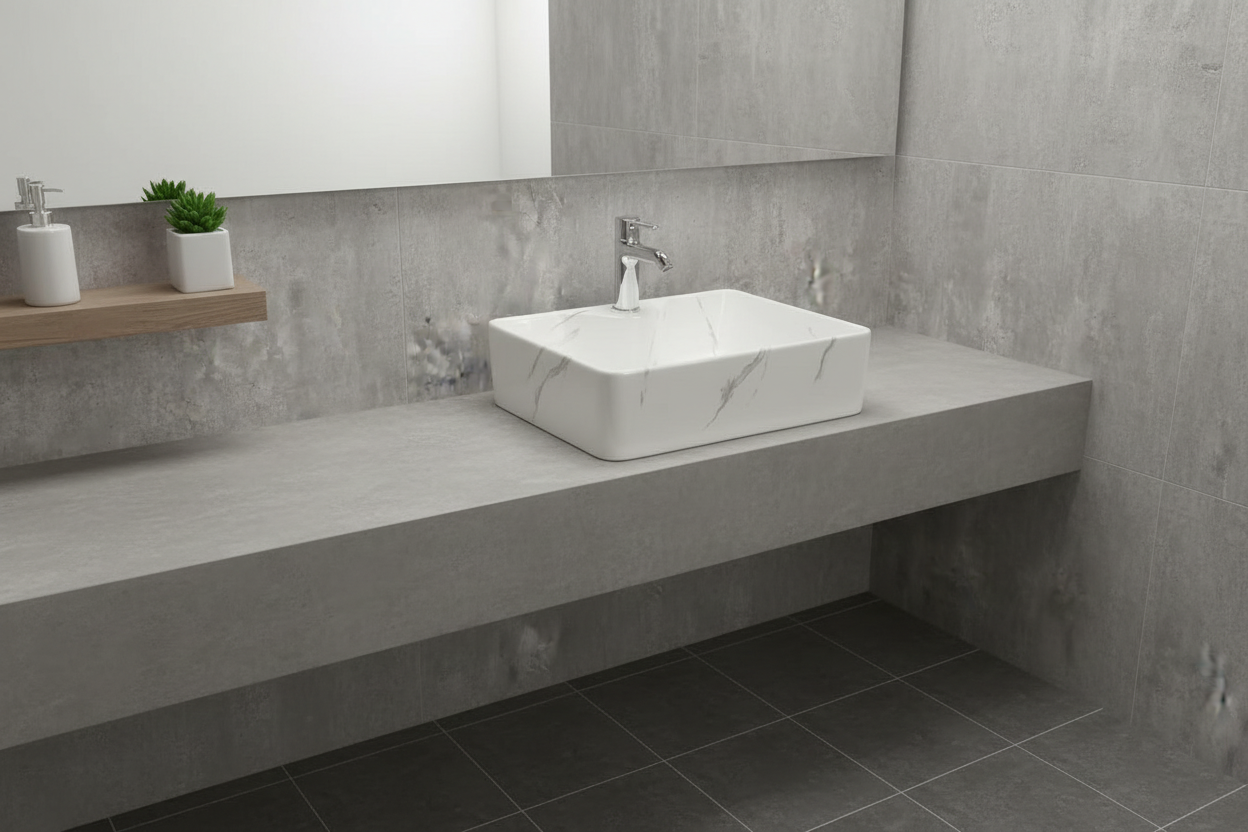 White marble-patterned rectangular sink on a gray surface