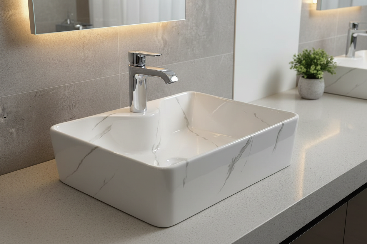 White marble-patterned rectangular sink on a gray surface