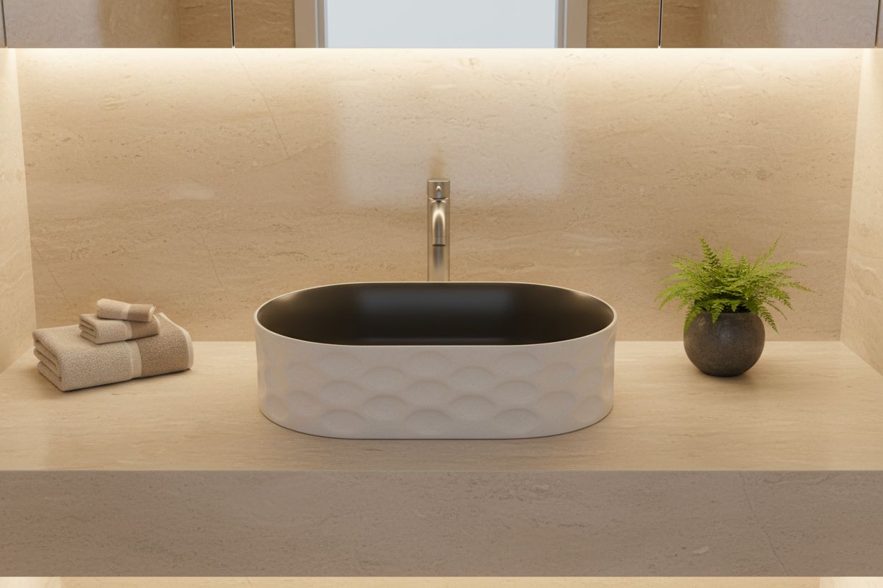 Bathroom sink with towels and a plant on a wooden surface