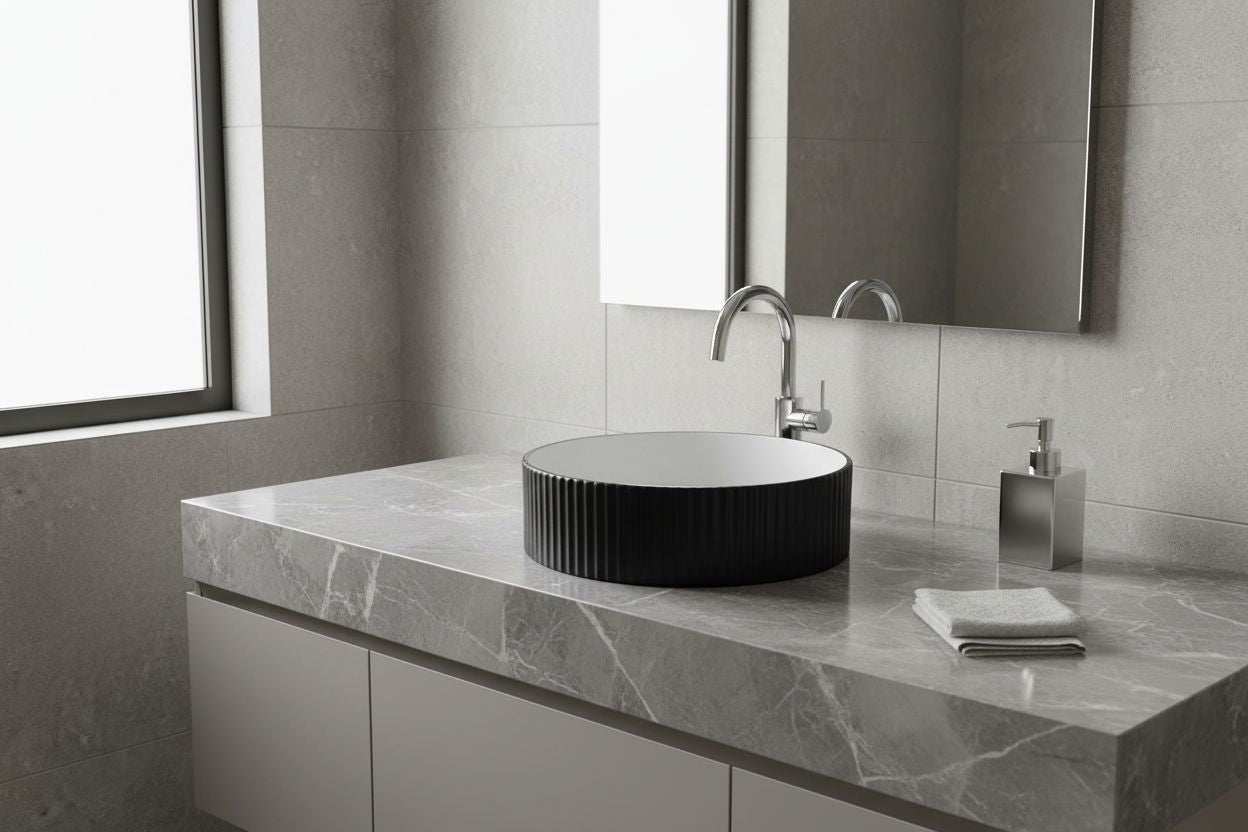 Modern bathroom vanity with a black round sink and silver faucet.