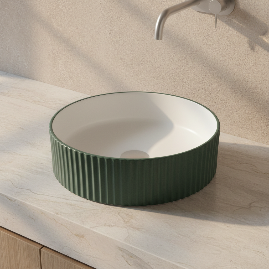 Green ribbed container on a white background