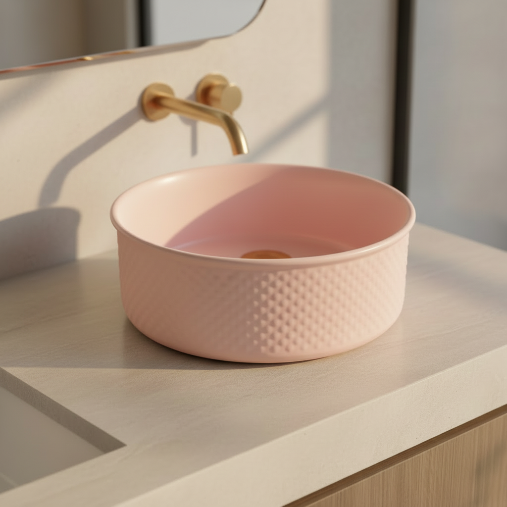 Pink textured bowl with a gold accent on a white background