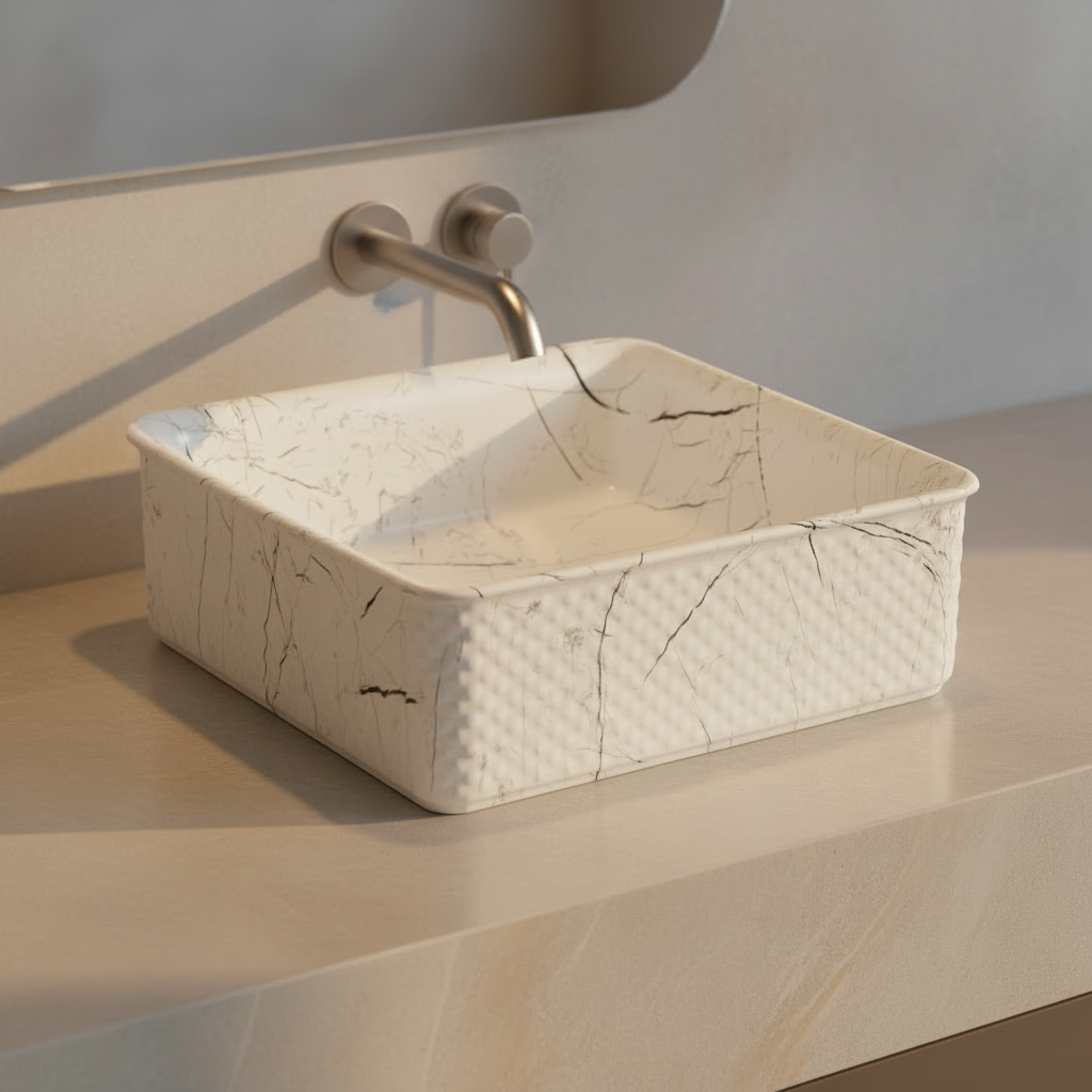 Rectangular basket with marble pattern on a white background