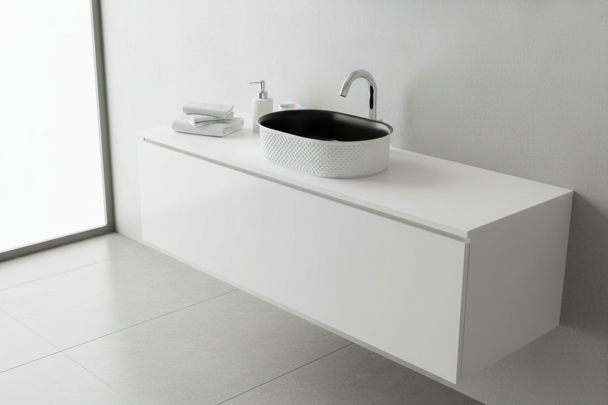 Black oval sink with textured white base on a white background
