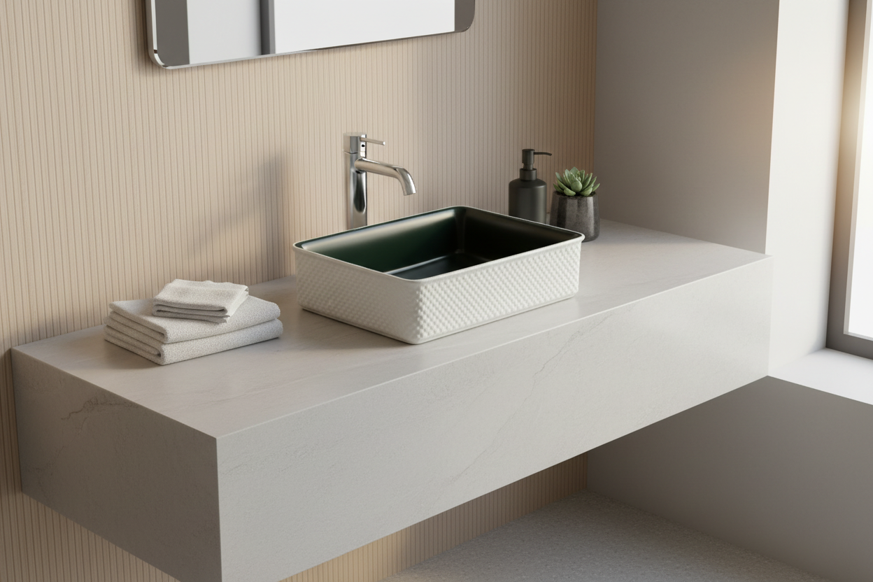 Rectangular black kitchen sink with white textured base on a white background