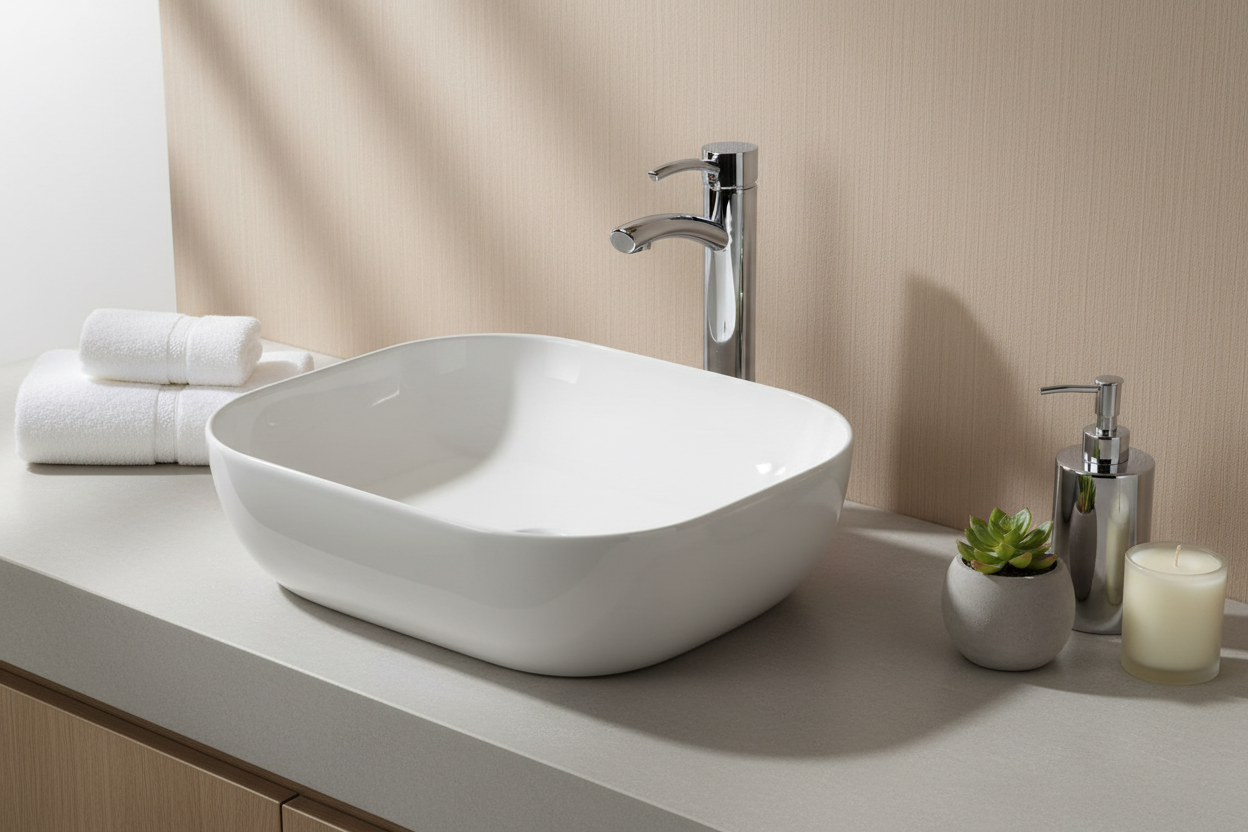 White ceramic sink with chrome faucet on a white background