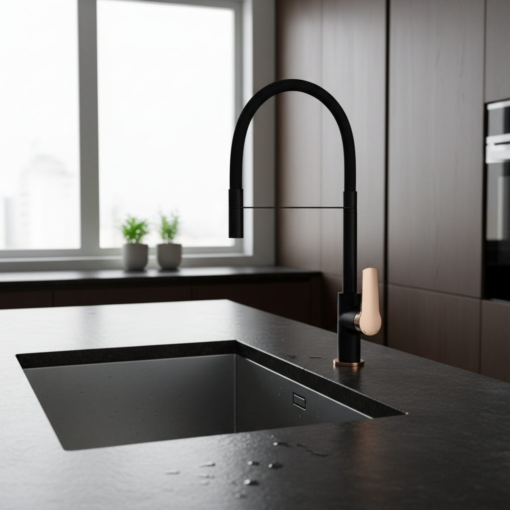 A modern high-arc kitchen faucet with a matte black finish and a contrasting rose gold lever handle, shown on a solid white background.