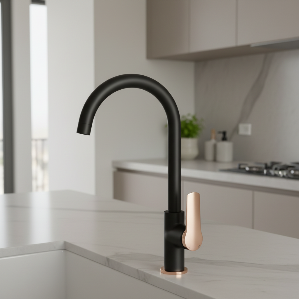 A modern high-arc kitchen faucet with a matte black body and a contrasting warm rose gold lever handle, shown against a solid white background.