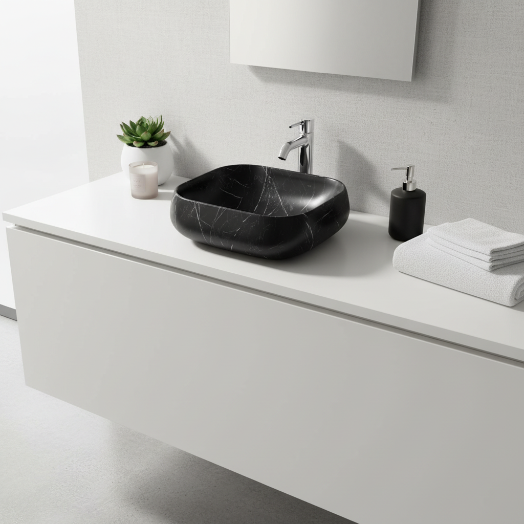 Black marble sink on a white background