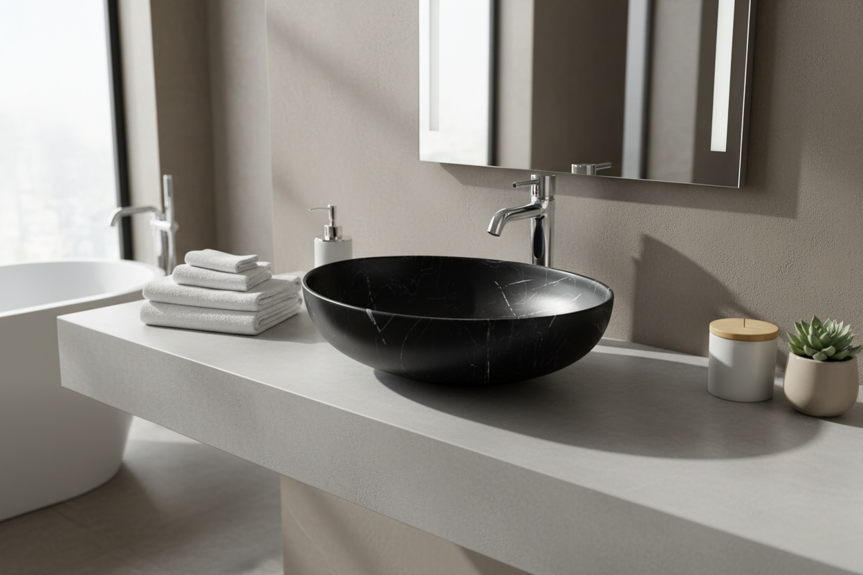Black marble sink basin on a white background