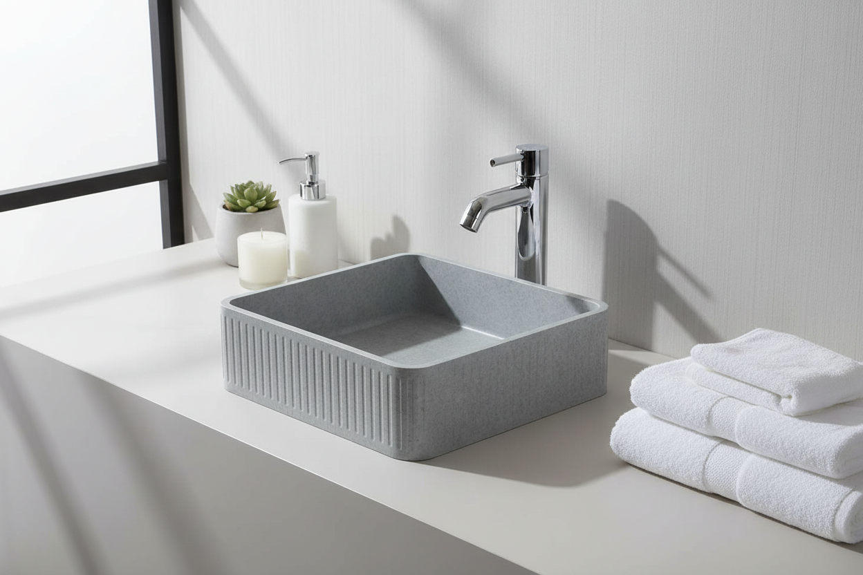 Gray stone sink with a circular drain hole on a white background